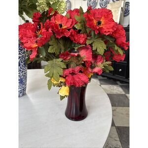 Red Poppy Artificial Flowers W/ 8" Red Vase - Faux Flowers